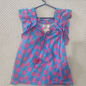 Figue Blue and Pink Polka Dot Women's Cap Sleeve Cotton Top with tassels. light!